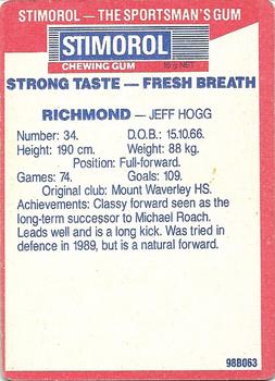 1990 AFL Scanlens Stimorol #160 Jeff Hogg Back